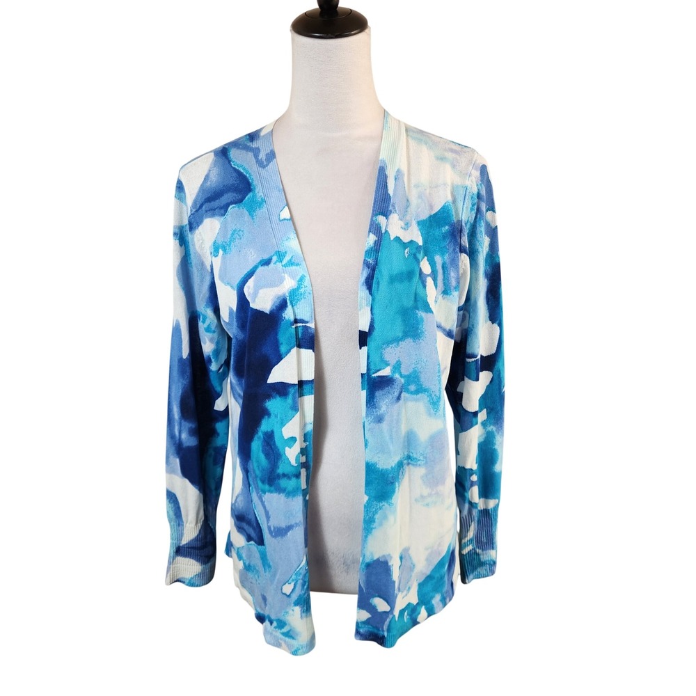 Chico's Blue Artsy Abstract Watercolor Open Front Cardigan Sweater Size 1 Medium
